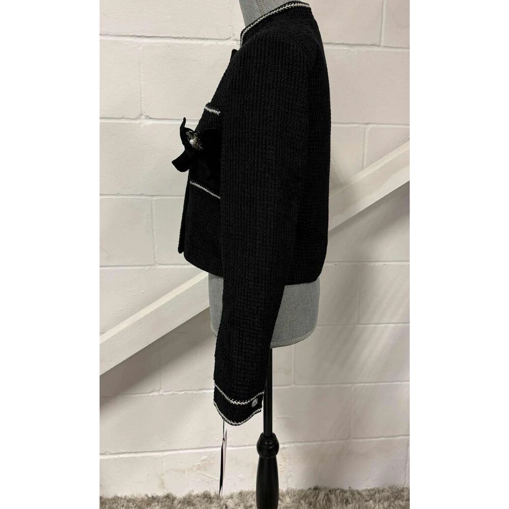 Avec Les Filles Tweed Crop Jacket Career Black Velvet Bow Trim Women’s Small NWT - Picture 11 of 16